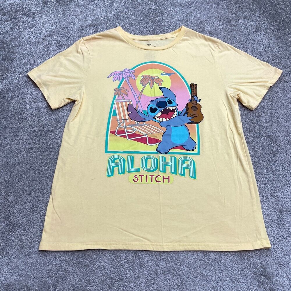 Disney Stitch Aloha Graphic T-Shirt Unisex Large Yellow Crew Neck Casual Tee Top